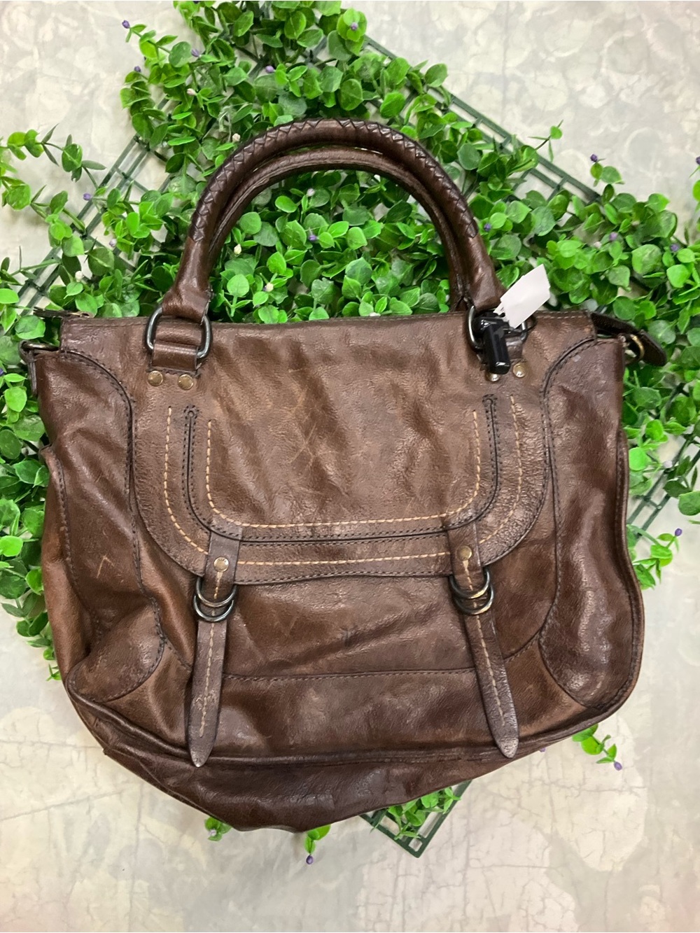 Frye Brown Leather Satchel with Braided Top Handles